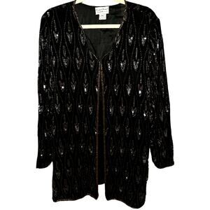 Vintage 80s Beaded Drama Black Silk Beaded Sequin 80s Cardigan - Size L